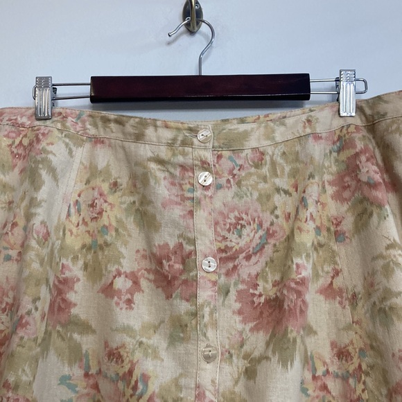 Vintage Skirt Womens 18 Beige Pink Floral Midi Linen Skirt 90s Romantic Whimsy - Picture 3 of 12